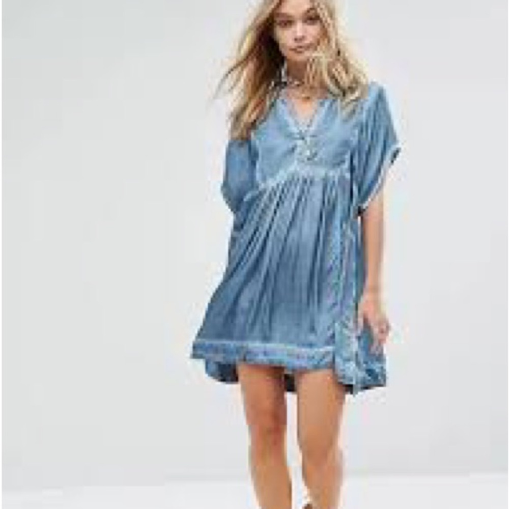 Free People Blue Satin Short Sleeve Mini Dress